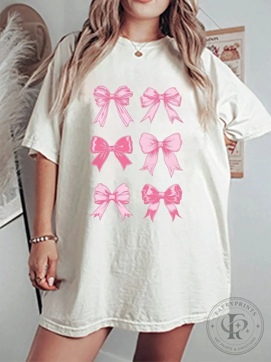 Vintage Pink Bows Oversized Graphic T-Shirt for Women, Aesthetic Cute Bow Design Top