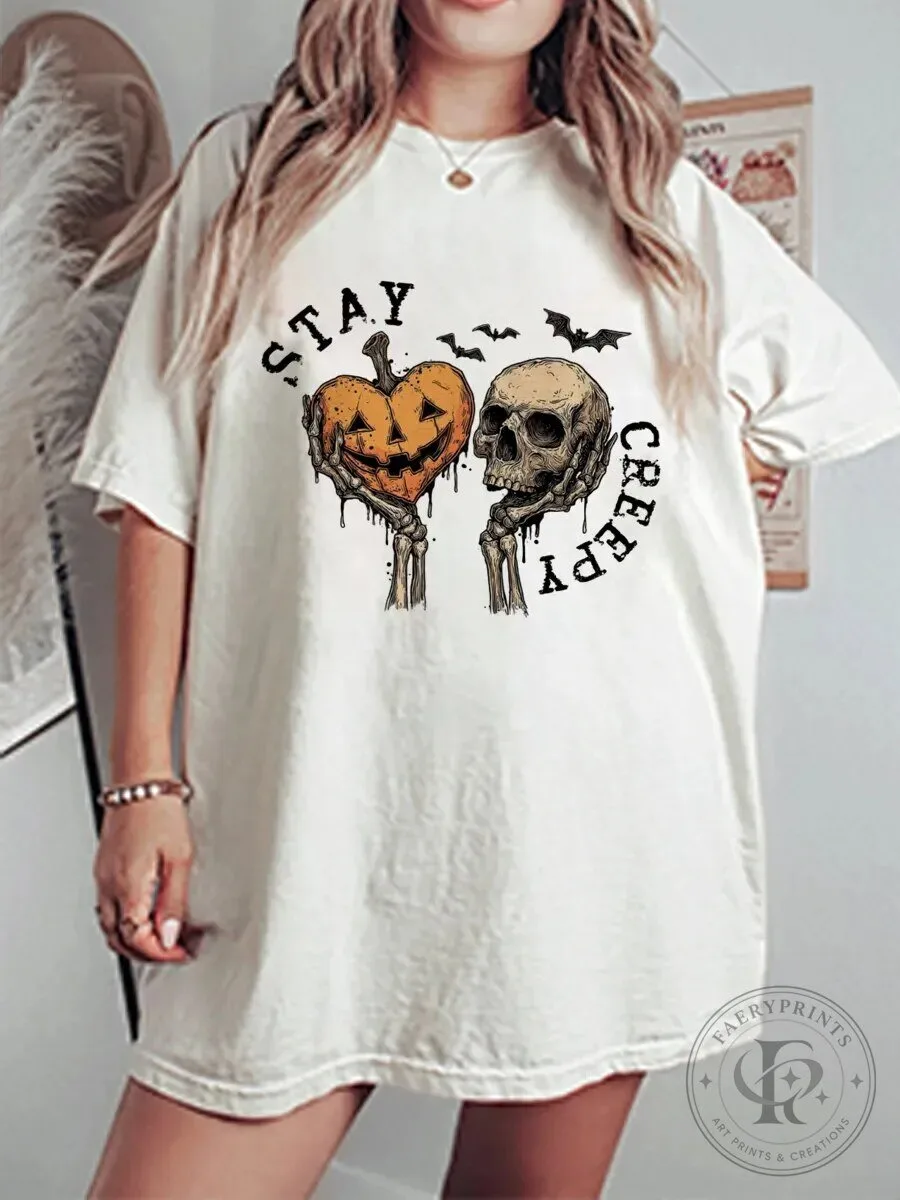 Stay Creepy Halloween Skeleton Pumpkin Heart Bats Graphic T-Shirt