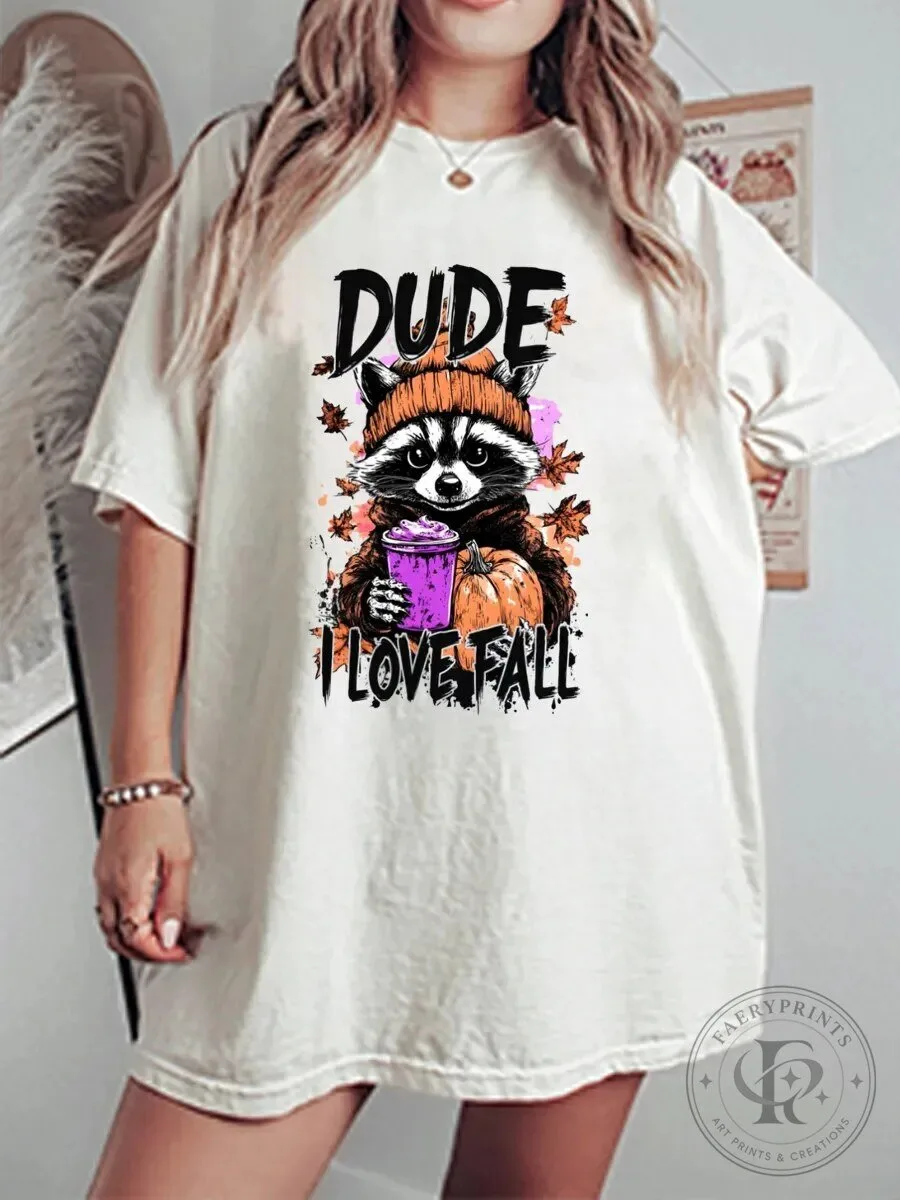 Dude I Love Fall Raccoon Pumpkin Spice Autumn Leaves Graphic T-Shirt