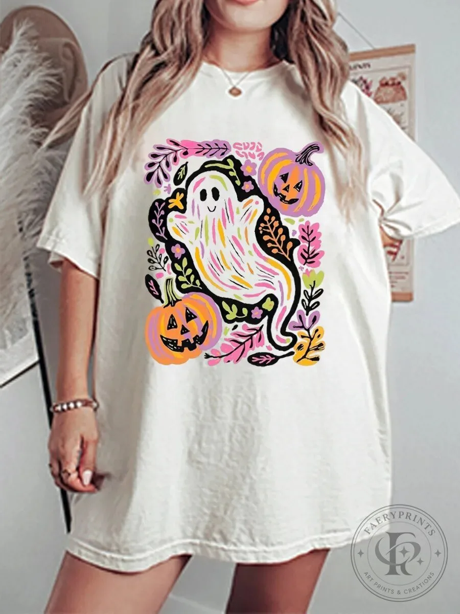 Halloween Ghost And Pumpkins Vintage Floral Graphic T-Shirt