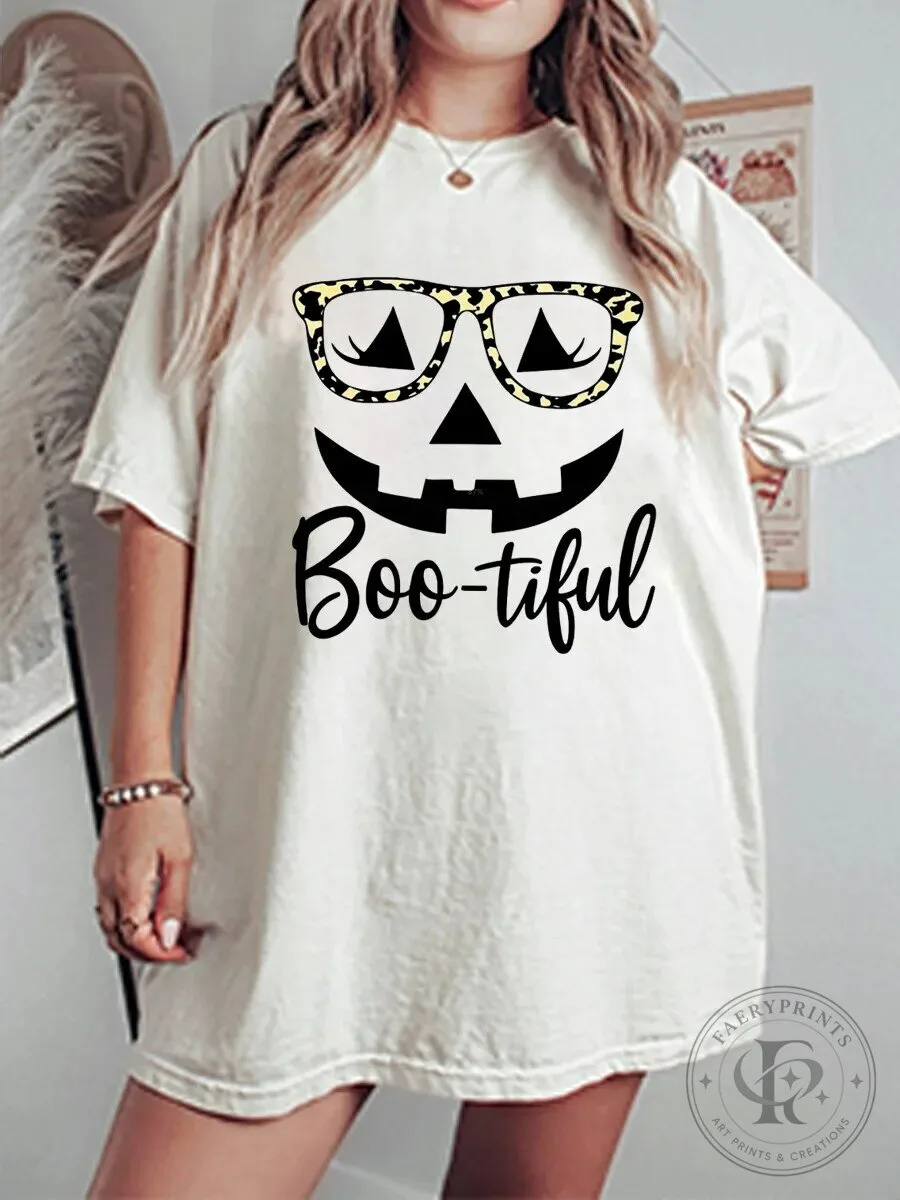 Boo-tiful Halloween Pumpkin Face Leopard Glasses Graphic T-Shirt