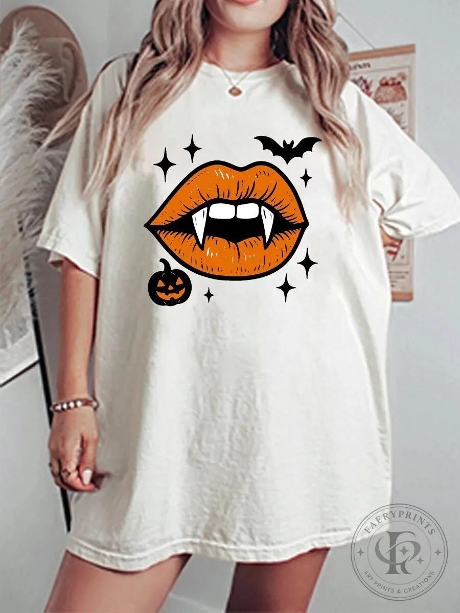 Vampire Lips Pumpkin Halloween Graphic T-Shirt Spooky Season Apparel